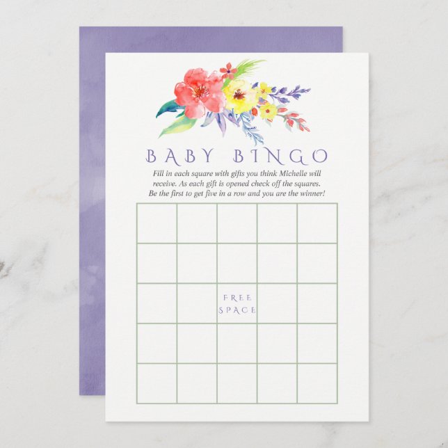 Farbenfrohe Aquarellblütendusche Bingo Einladung (Vorne/Hinten)