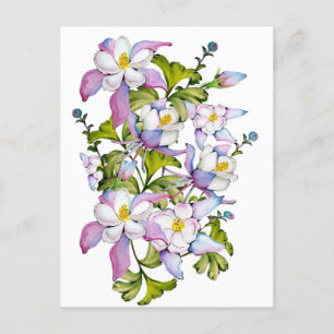 Farbenfrohe Aquarellbukett mit Kolumbin und grünem Postkarte