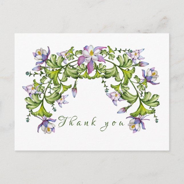 Farbenfrohe Aquarellbukett mit Kolumbin und grünem Postkarte (Vorderseite)