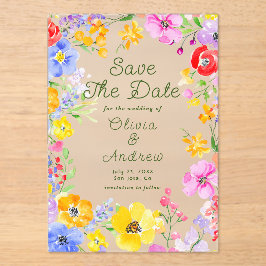 Farbenfrohe Aquarellfarben-Blume, die das Datum sp Acryleinladungen