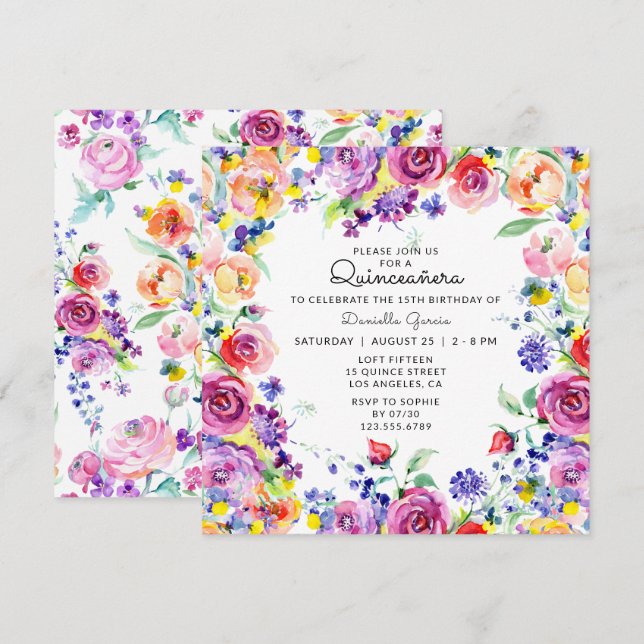 Farbenfrohe Aquarellfarben Blumenchic Quinceañera Einladung (Vorne/Hinten)