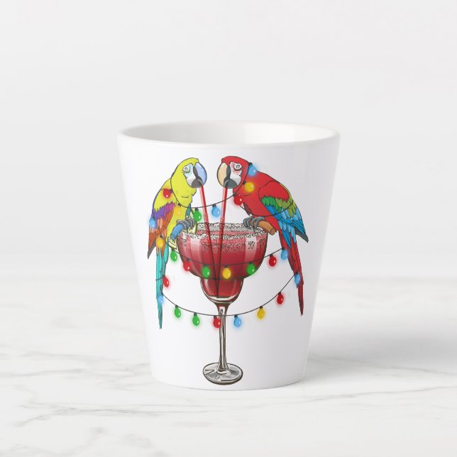 Farbenfrohe Ara Parrots trinken Rot Milchtasse (Vorderseite)