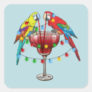 Farbenfrohe Ara Parrots trinken Roten Wein Quadratischer Aufkleber