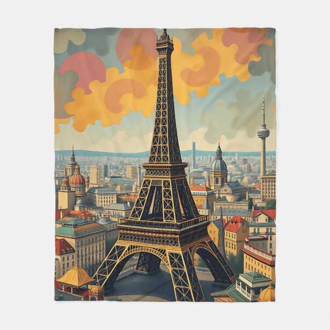 Farbenfrohe Art Deco Eiffelturm Fleecedecke (Vorderseite)