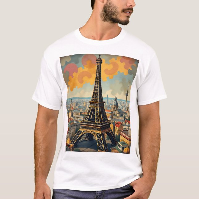 Farbenfrohe Art Deco Eiffelturm T-Shirt (Vorderseite)