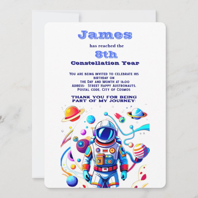 Farbenfrohe Astronauten und Univers in kühlen Farb Einladung (Vorderseite)
