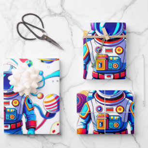 Farbenfrohe Astronauten und Univers in kühlen Farb Geschenkpapier Set