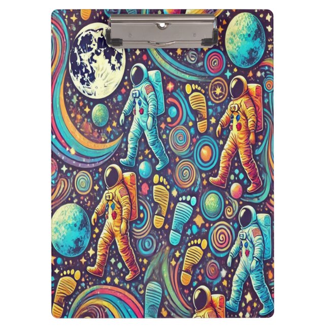 Farbenfrohe Astronautenspaziermuster Klemmbrett (Vorderseite)