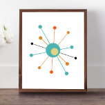 Farbenfrohe atomare Sternexplosion Mitte des Jahrh Poster<br><div class="desc">Dieses bunte,  moderne Poster aus der Mitte des Jahrhunderts besticht durch eine atomare Sternexplosion in aquamarinem Blau,  zwei Orangetönen,  cremig gelb und schwarz. So viel Spaß!</div>