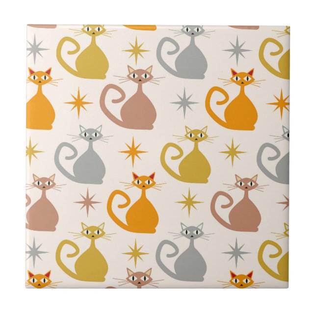 Farbenfrohe Atomkatzen aus der Mitte des Jahrhunde Fliese (Vorderseite)