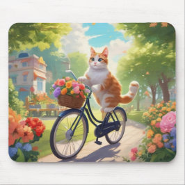 Farbenfrohe Aussicht mit Katze auf dem Fahrradmaus Mousepad