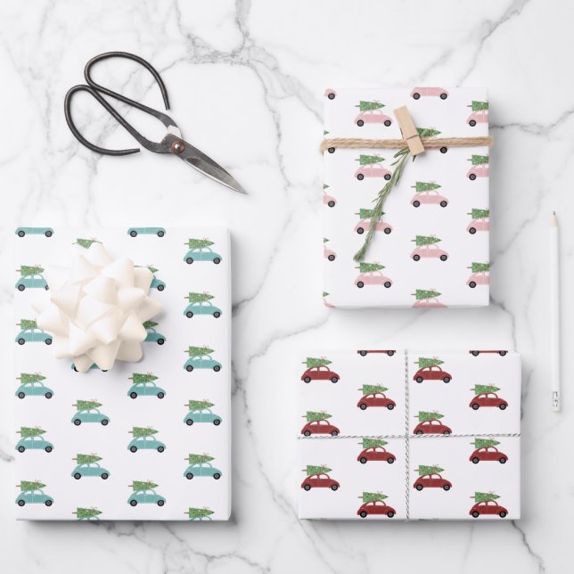 Farbenfrohe Autos mit Weihnachtsbaumurlaub Geschenkpapier Set (Vorderseite)
