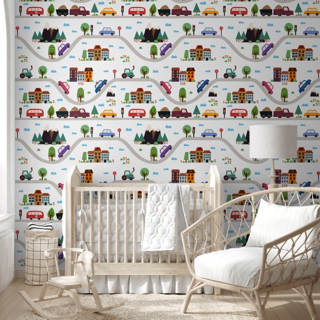 Farbenfrohe Autos und Städte Kinder Tapete (Kinder)