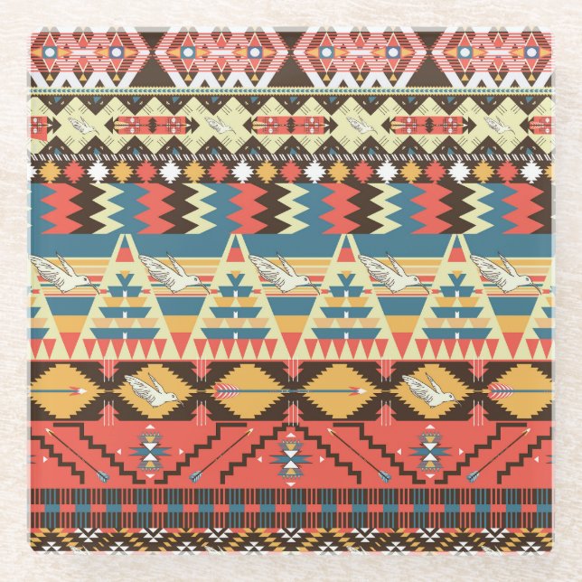 Farbenfrohe Azteken: Vögel, Muster der Blume. Glasuntersetzer (Vorderseite)