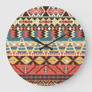 Farbenfrohe Azteken: Vögel, Muster der Blume. Große Wanduhr