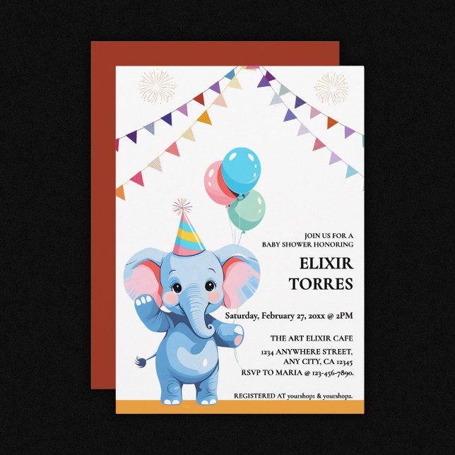 Farbenfrohe Baby Elephant mit Balloons Babydusche Einladung (Von Creator hochgeladen)
