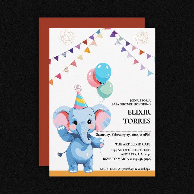Farbenfrohe Baby Elephant mit Balloons Babydusche Einladung (Von Creator hochgeladen)