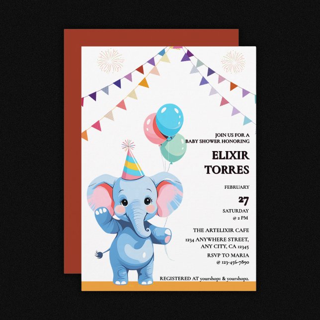 Farbenfrohe Baby Elephant mit Balloons Babydusche Einladung (Von Creator hochgeladen)