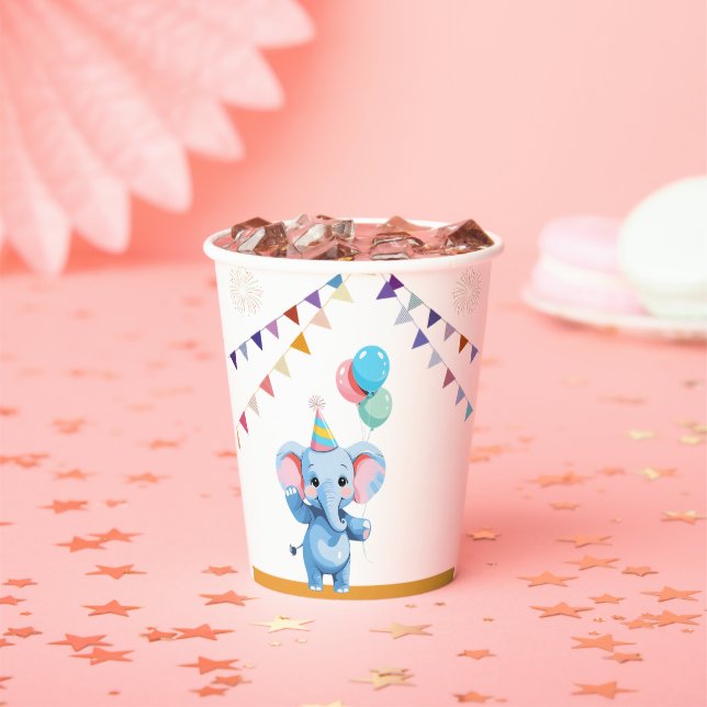 Farbenfrohe Baby Elephant mit Balloons Babydusche Pappbecher (Insitu)