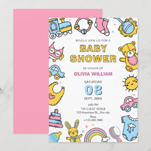 Farbenfrohe Babyspielzeug-Dusche Einladung