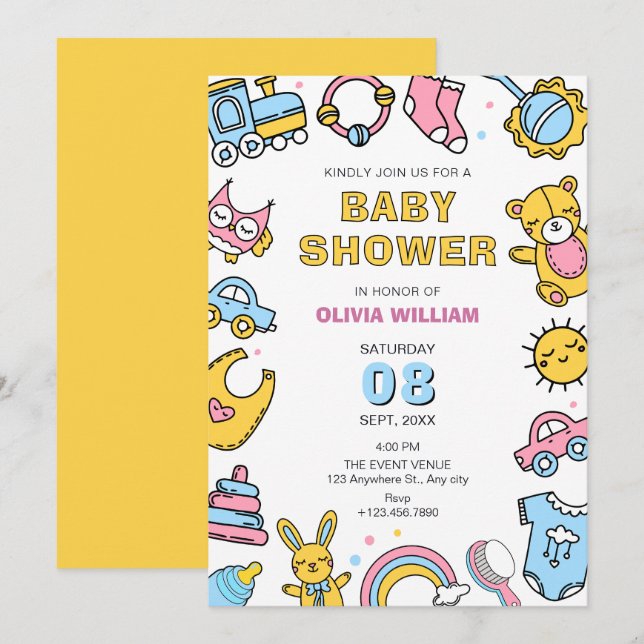 Farbenfrohe Babyspielzeug-Dusche Einladung (Vorne/Hinten)