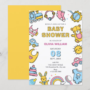 Farbenfrohe Babyspielzeug-Dusche Einladung