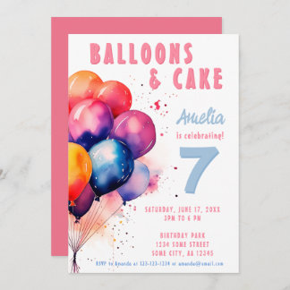 Farbenfrohe Balloons Aquarellfarben Kindergeburtst Einladung