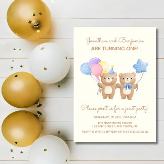 Farbenfrohe Balloons Bear Twin Boys Joint Geburtst Einladung