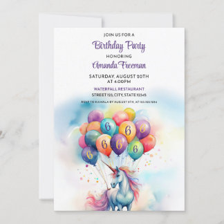 Farbenfrohe Balloons Einhorn 6. Geburtstag Einladung
