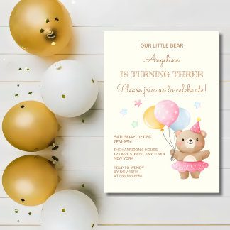 Farbenfrohe Balloons Niedlich Bärenmädchen 3. Gebu Einladung