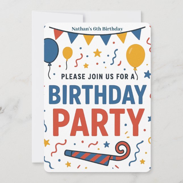 Farbenfrohe Balloons und Confetti-Kinder zum Gebur Einladung (Vorderseite)