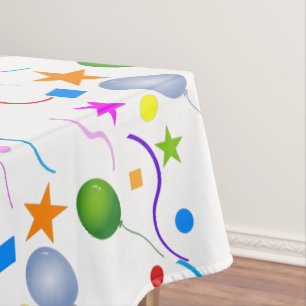 Farbenfrohe Balloons und Streamer auf WEISS Tischdecke