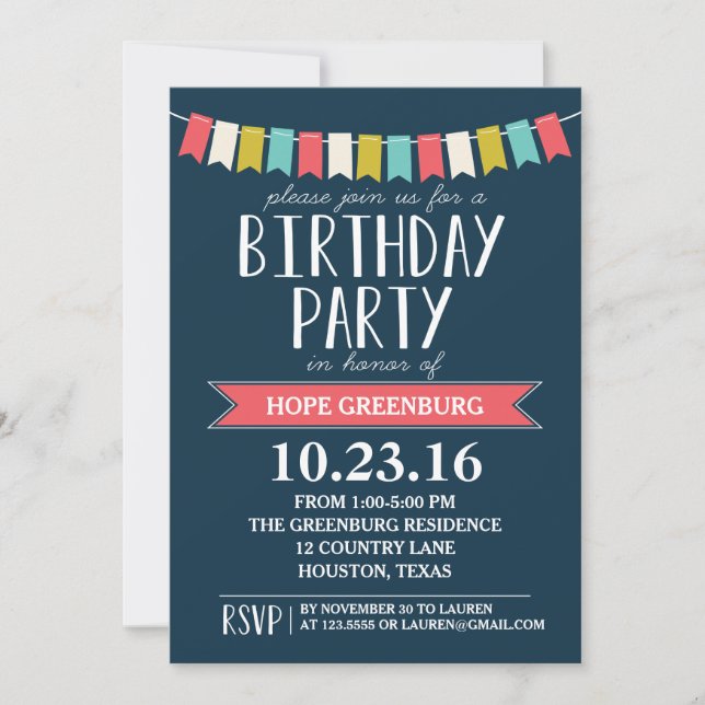 Farbenfrohe Banners Dark Navy Blue Birthday Party Einladung (Vorderseite)