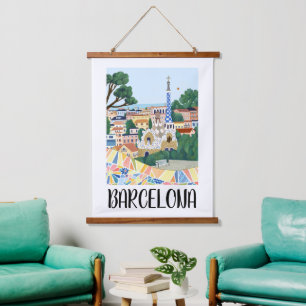 Farbenfrohe Barcelona Spanien Stadtbesichtigung Wandteppich Mit Holzrahmen