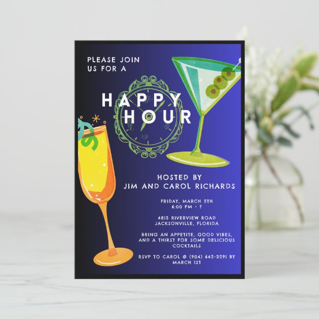 Farbenfrohe Basic Happy Hour Einladung (Stehend Vorderseite)