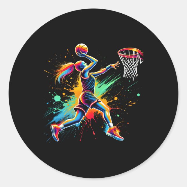 Farbenfrohe Basketballspielermädchen Runder Aufkleber (Vorderseite)
