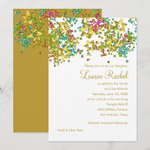 Farbenfrohe Bat Mitzvah Gold Star Glittery Confett Einladung