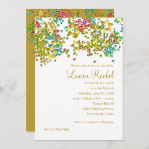 Farbenfrohe Bat Mitzvah Gold Star Glittery Confett Einladung