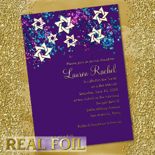Farbenfrohe Bat Mitzvah Gold Star Glittery Confett Folieneinladung