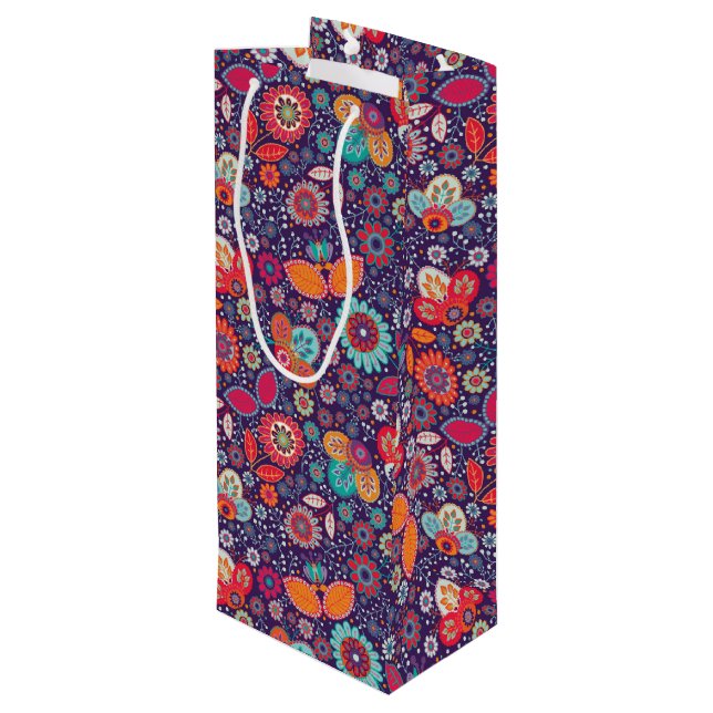Farbenfrohe Batik-Illustration Natur Blumenmuster Geschenktüte Für Weinflaschen (Rückseite Schrägansicht)