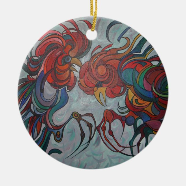 Farbenfrohe Bauernhofrooster Keramik Ornament (Vorne)