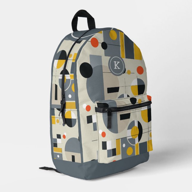 Farbenfrohe Bauhaus geometrische Muster monogramm Bedruckter Rucksack (Rückseitige Ecke links)