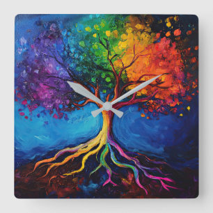 Farbenfrohe Bäume des Lebens Wurzeln Wissen Weishe Quadratische Wanduhr