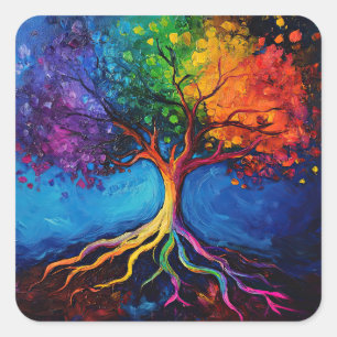 Farbenfrohe Bäume des Lebens Wurzeln Wissen Weishe Quadratischer Aufkleber