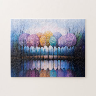 Farbenfrohe Bäume Ruhe Reflektion des Wassers Puzzle