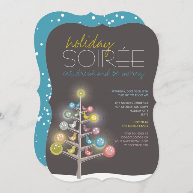 Farbenfrohe Bäume & Vögel Holiday Soiree Party Ein Einladung (Vorne/Hinten)