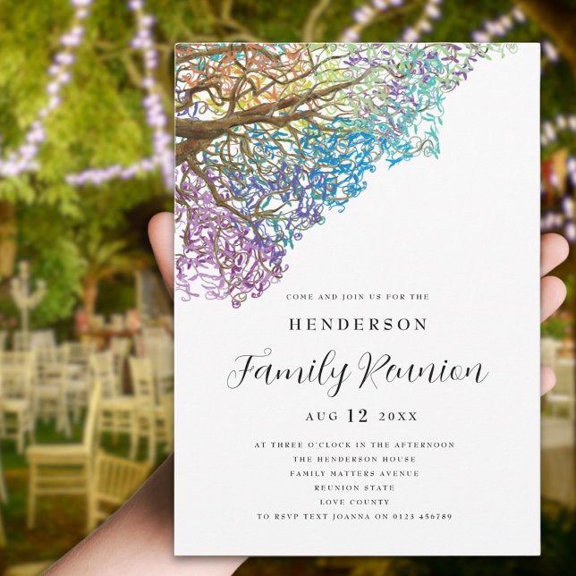 Farbenfrohe Baumfamilie Wiedersehen Einladung (Colorful tree branches watercolor family reunion invitation Modern elegant script )