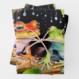 Farbenfrohe Baumfrösche auf Aquarellfarben-Blätter Geschenkpapier Set