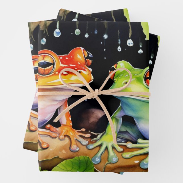 Farbenfrohe Baumfrösche auf Aquarellfarben-Blätter Geschenkpapier Set (Beispiel)