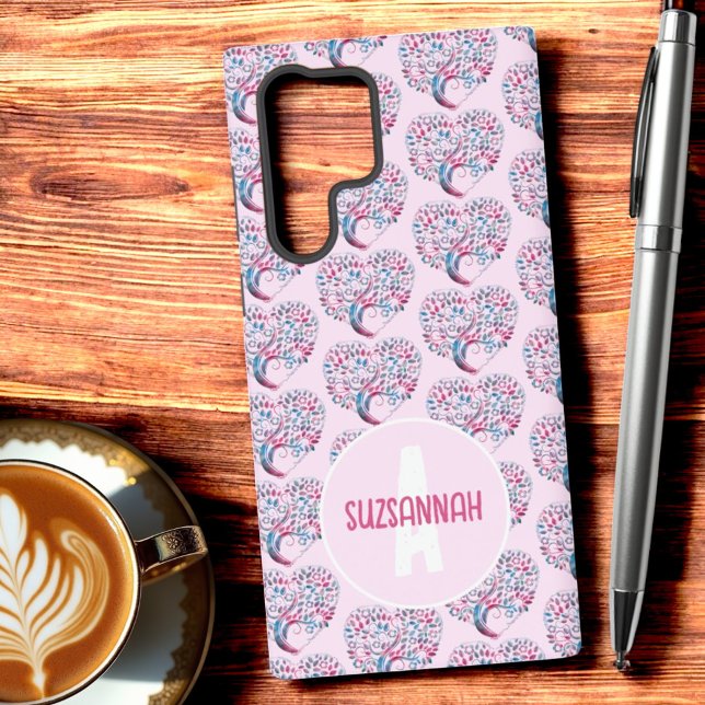 Farbenfrohe Baumkronenmuster Pastel Blu Monogram Samsung Galaxy Hülle (Back of three heart designed phone case monogram and name template)